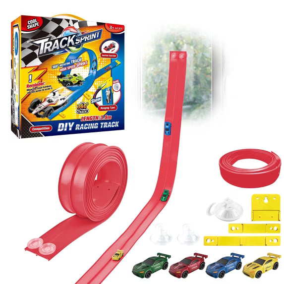 Kaipara Race Track Toy - 12.8 ft Flexible Track with 4 Pull Back Cars - Red