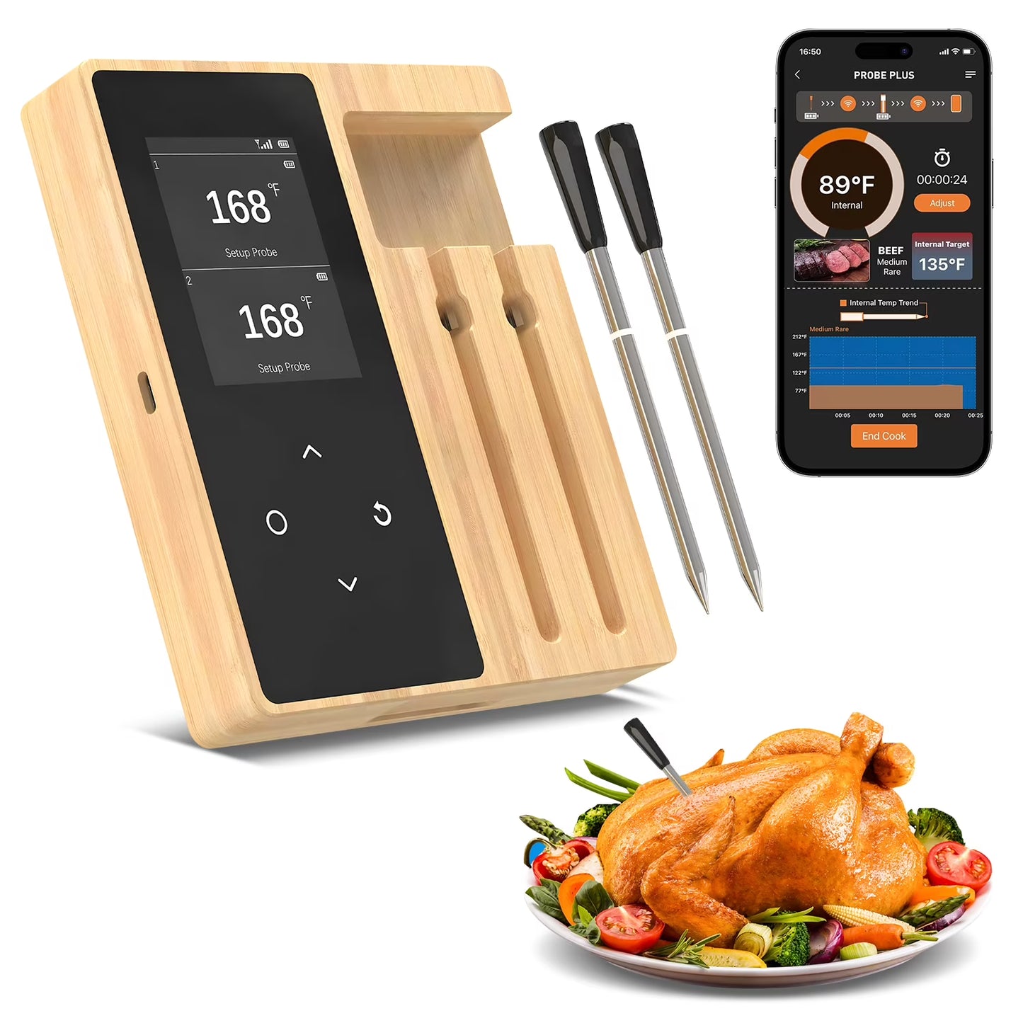 Kaipara Smart Wireless Meat Thermometer - Bluetooth App, 2 Probe Set
