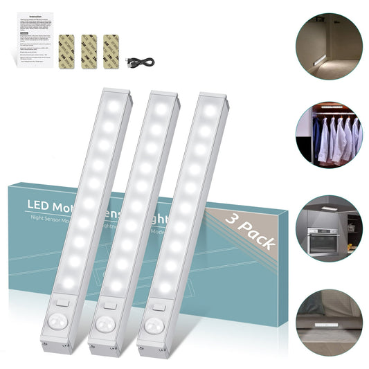 LOFTER-PRO 3 Pack Motion Sensor Light Wireless 10 LED Under Cabinet Lighting Night Light Bar Safe Lights for Kitchen Wardrobe Closets Cupboard Stairs