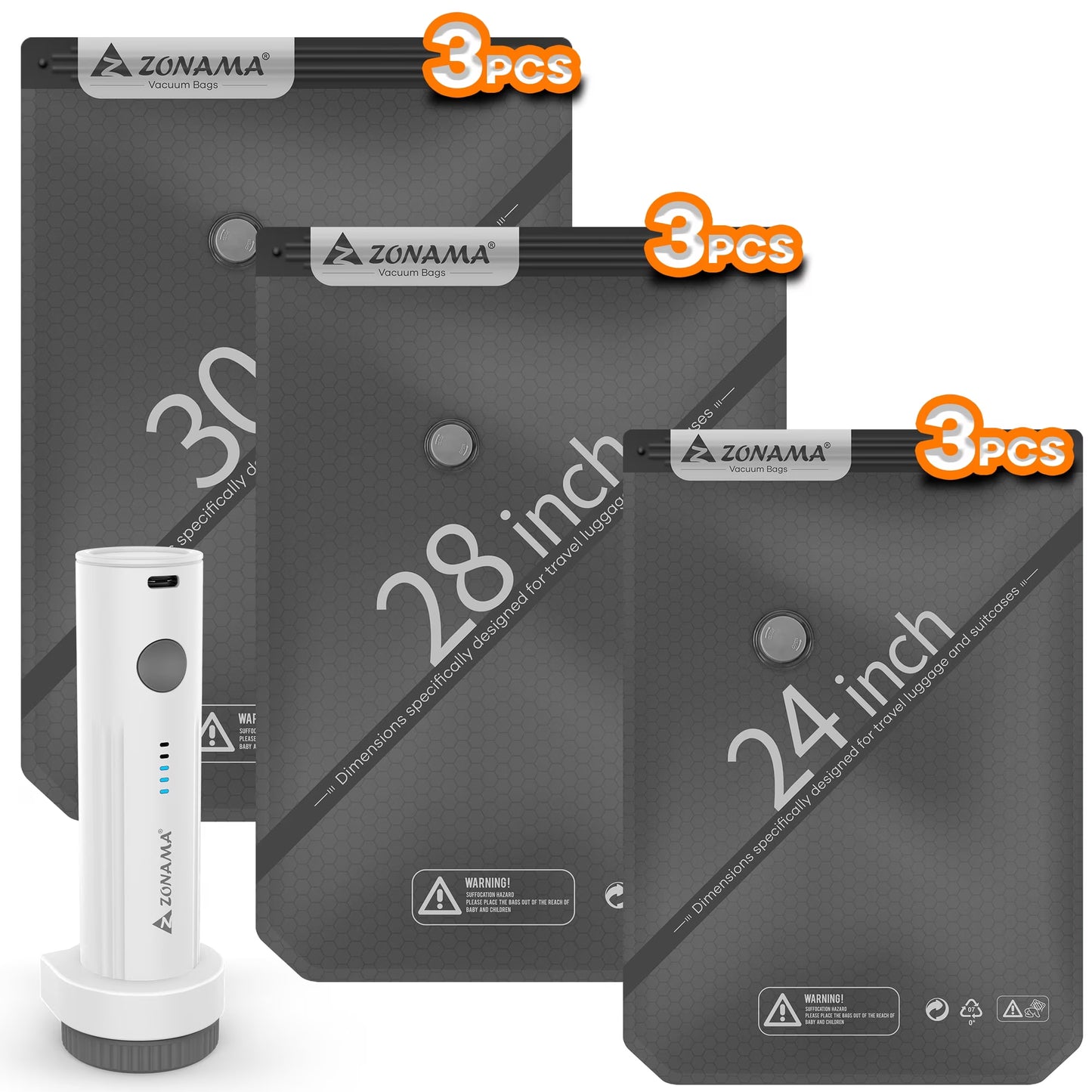 LOFTER-PRO Travel Vacuum Bags with Rechargeable Pump - Space Saver for Luggage - 9 Pack