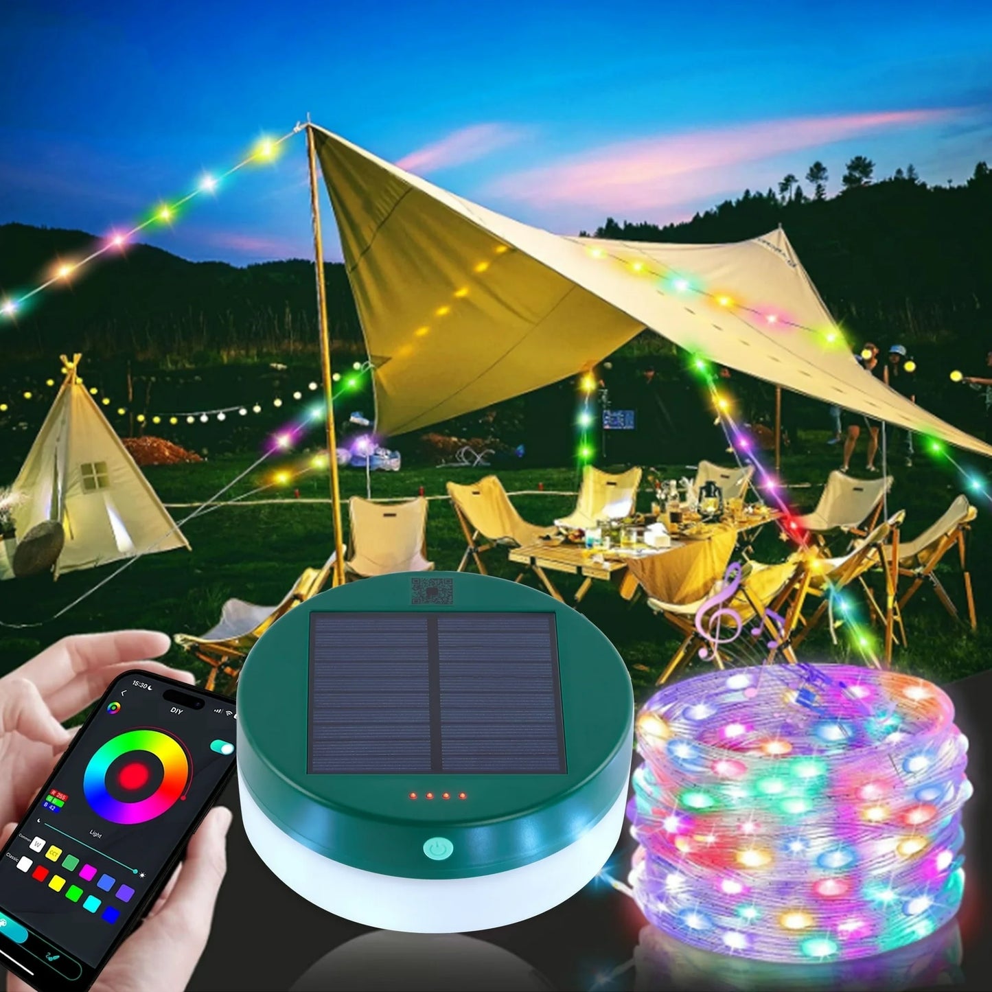 LOFTER-PRO Camping String Lights, 30s Quick Storage Rechargeable Tent Lights 9 Lighting Modes, Hanging Waterproof LED Fairy Lamps for Room Garden Yard Porch Wedding Party Decor, Solar USB Charge