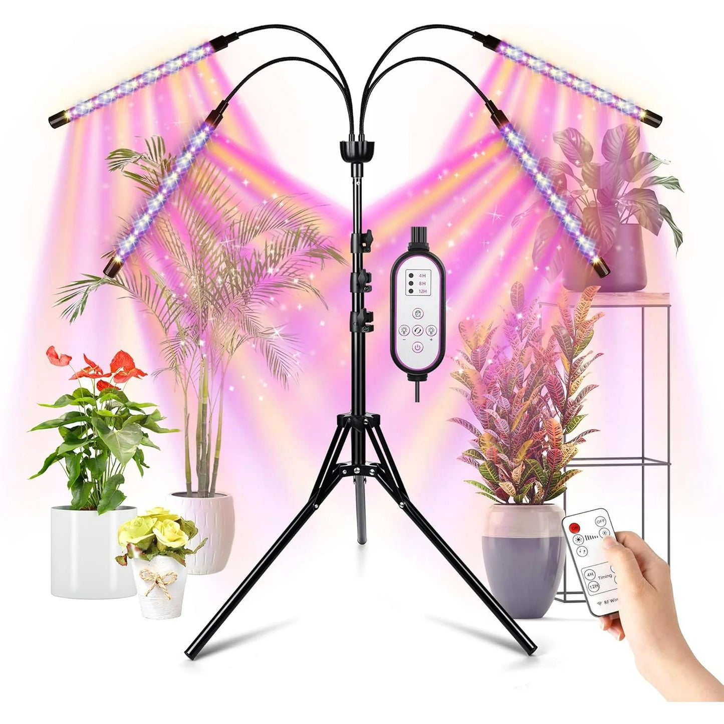LOFTER-PRO Grow Lights for Indoor Plants, 4 Head LED Grow Light with Full Spectrum, 9 Dimmable Level and Auto On Off Timer, Tripod Stand Plant Lamp Height Adjustable (63 Inch)