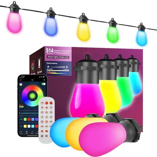 LOFTER-PRO Outdoor String Lights, LED Lights for Bedroom, 39Ft 20 Bulbs Smart Dimmable RGB String Lights Fairy Lights Christmas Lights for Halloween Decorations, Patio Lights, APP Control, Waterproof