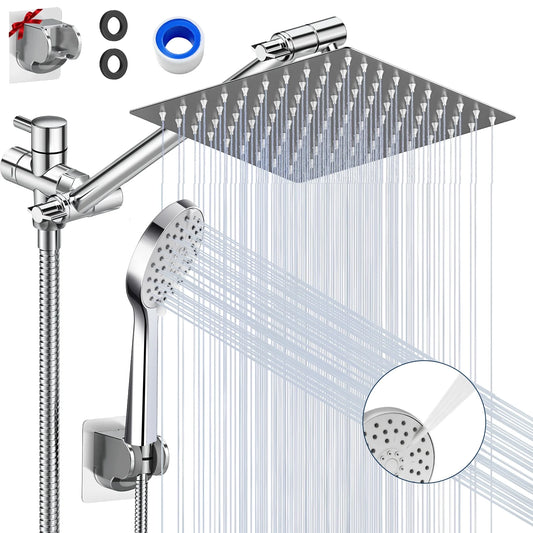 MOONORAH 10 Inch High Pressure Rain Shower Head Combo with Adjustable Extension Arm, Wide Rainfall & 5 Spray Handheld Showerhead, Dual Anti-Clog Nozzles for Ultimate Shower Experience, Silver