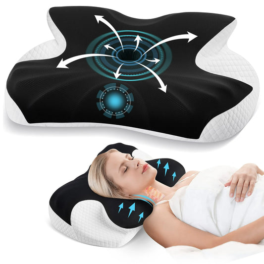 MOONORAH Cervical Memory Foam Pillow Neck Bed Pillow for Pain Relief Sleeping, Ergonomic Orthopedic for Side Back and Stomach Sleepers with Breathable Pillowcase, Queen Size 24" x 16.5" x 5.1" Black