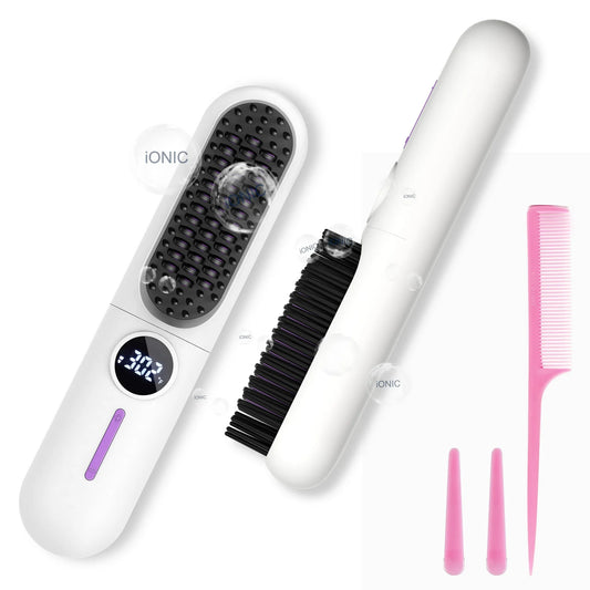 MOONORAH Cordless Hair Straightener Brush with Anion for Women, Electric Portable Ceramic Hot Straightening Comb for Travel with LCD Display & Hair Clips, Fast USB Rechargeable, Anti-Scald, White
