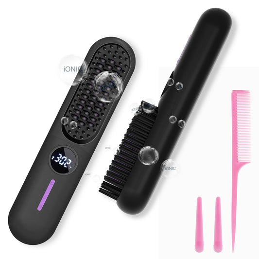 MOONORAH Cordless Hair Straightener Brush with Anion for Women, Electric Portable Ceramic Hot Straightening Comb for Travel with LCD Display & Hair Clips, Fast USB Rechargeable, Anti-Scald, Black
