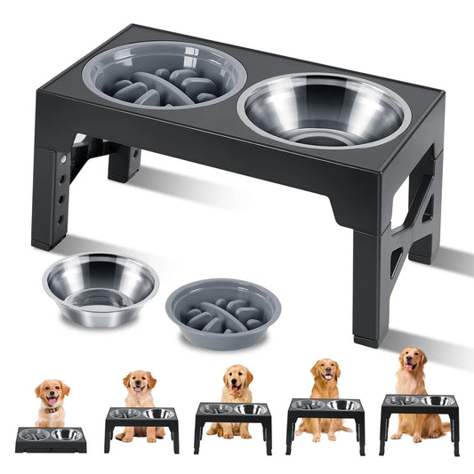 MOONORAH Elevated Dog Bowls, 2 in 1 Adjustable Raised Dog Bowl Stand with Stainless Steel Dogs Food Bowl & Slow Feeder Dog Bowls, 5 Heights for Small Medium Large Dogs Pets with Non-Slip Feet
