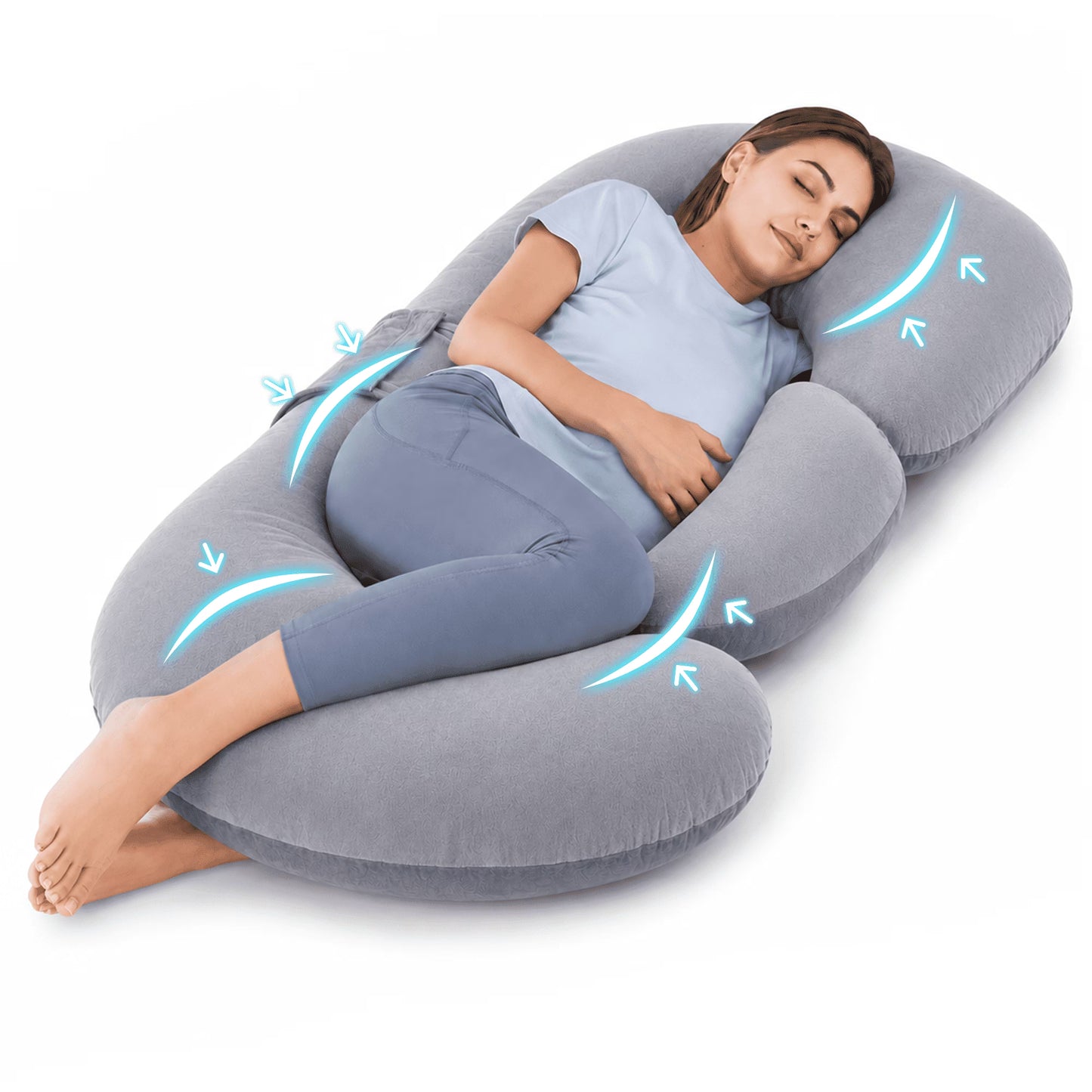 MOONORAH Pregnancy Pillow for Sleeping, E-Shaped Full Body Pillow for Side Sleepers, Wedge Body Support for Back Belly Hips Legs, Adjustable Detachable, 59'' Gray, Removable Cover