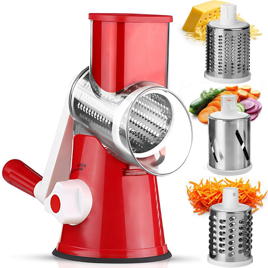 MOONORAH Rotary Cheese Grater with Handle Crank, Vegetable Shredder with Strong Suction Base and 3 Interchangeable Blades, Round Mandoline Slicer for Kitchen, Easy to Use and Clean, Red