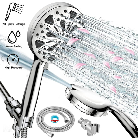 MOONORAH Shower Head, High Pressure Shower Head with 10 Spray Settings, Filtered Shower Head with 59" Stainless Steel Hose and Shower Stand, Drill-Free Design, Silver