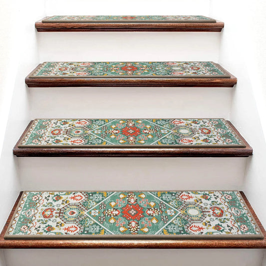 MOONORAH Stair Treads for Wooden Steps Indoor, Non Slip Reusable Staircase Step Soft Carpet Rugs, 15 Pack 30 X8 Stair Runners for Kids Elders and Pets Dogs - Colorful Flowers Pattern