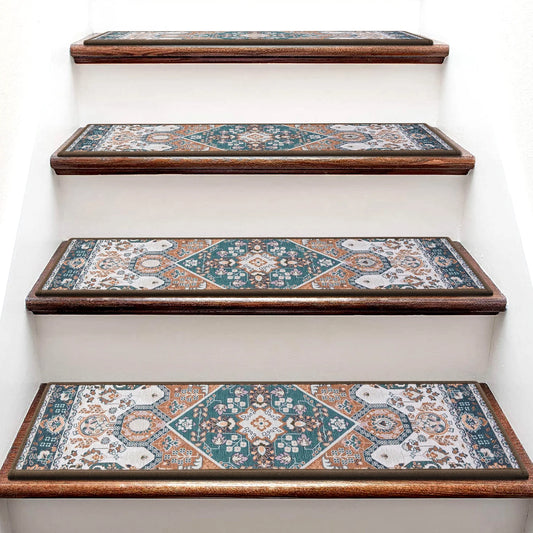 MOONORAH Stair Treads for Wooden Steps Indoor, Non Slip Reusable Staircase Step Soft Carpet Rugs, 15 Pack 30 X8 Stair Runners for Kids Elders and Pets Dogs - Colorful Flowers Pattern