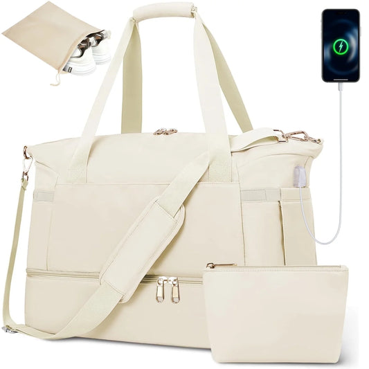 MOONORAH Travel Duffel Bag, Tote Gym Bag, Shoulder Weekender Overnight Bag for Women, Carry Bag with Wet Dry Pocket/Front Phone Pocket/USB Charging Port for Travel, Airline Approved, Beige