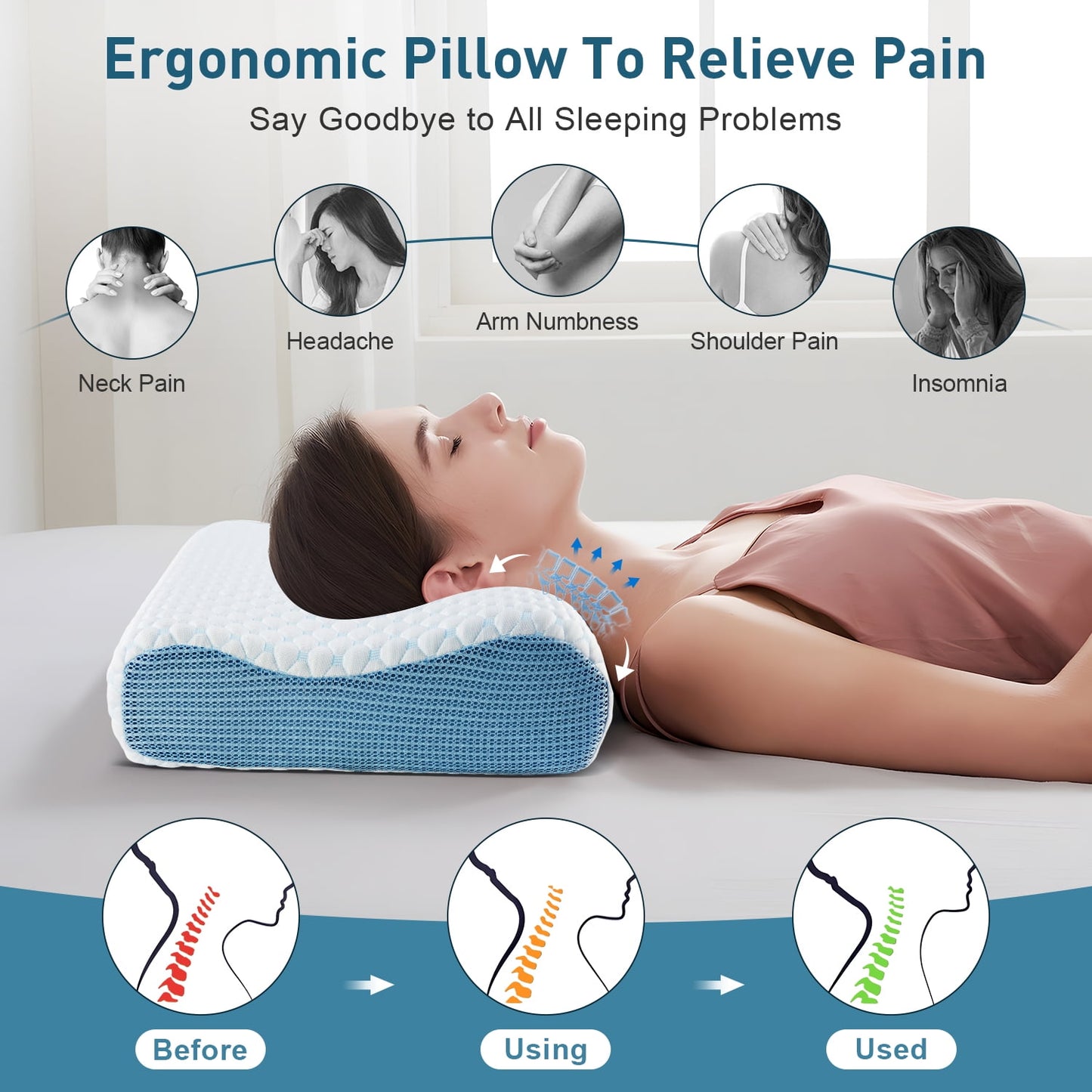 MOONORAH Cervical Memory Foam Pillow for Adults Neck Pain Relief, Ergonomic Pillow for Side Back and Stomach Sleepers with Cooling Breathable Pillowcase Blue