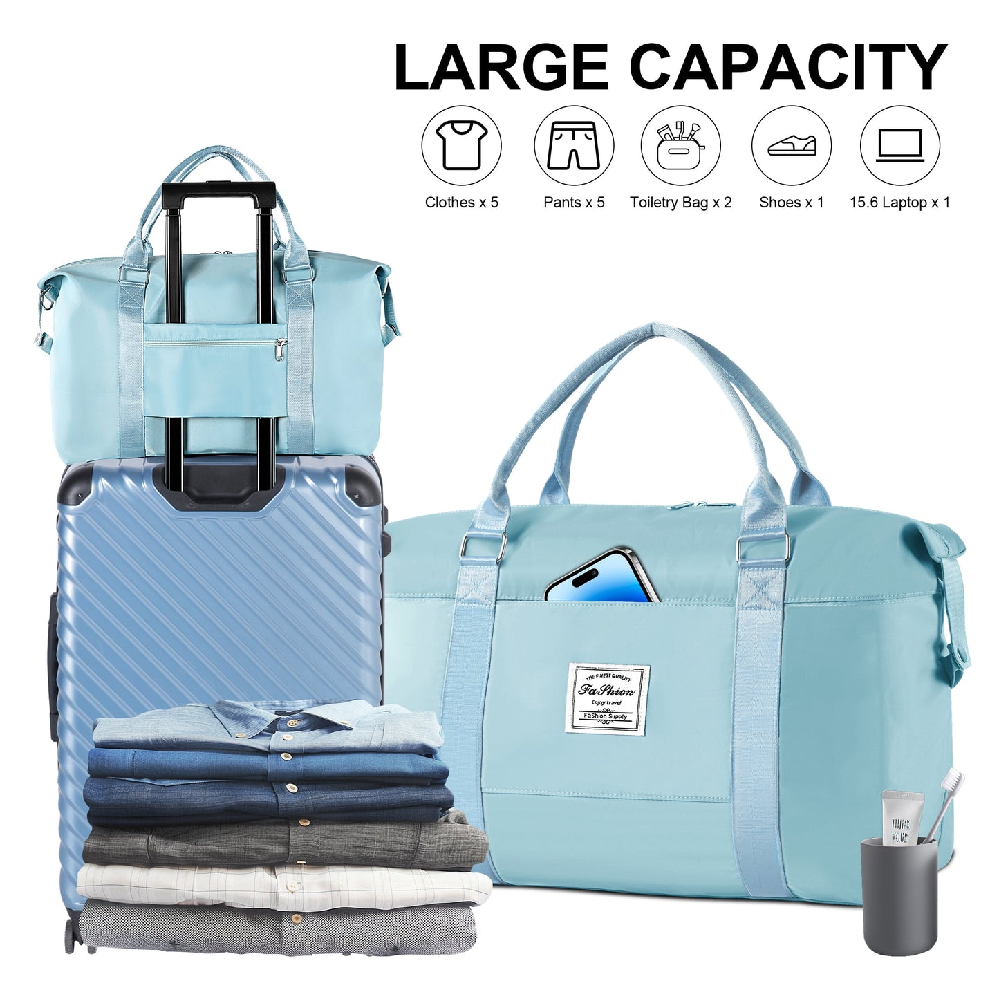 WANALIT Waterproof Duffel Bag for Gym and Travel, Weekender Carry On with Wet Dry Compartment, Luggage Sleeve, Airplane Approved (Blue)