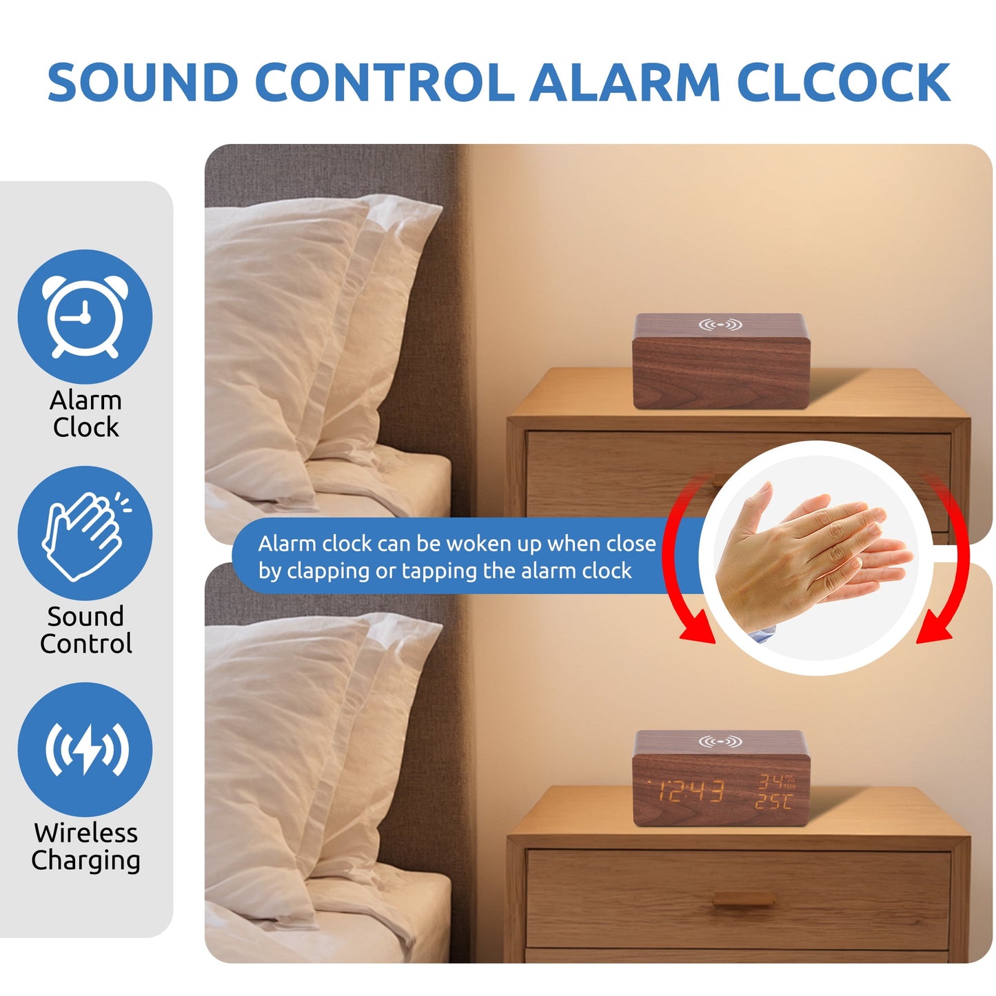 Onekawa Wooden Digital Alarm Clock with Wireless Charging Stylish LED Display for Bedrooms Adjustable Brightness and Voice Control Alarm Clock Perfect for Desks-Brown