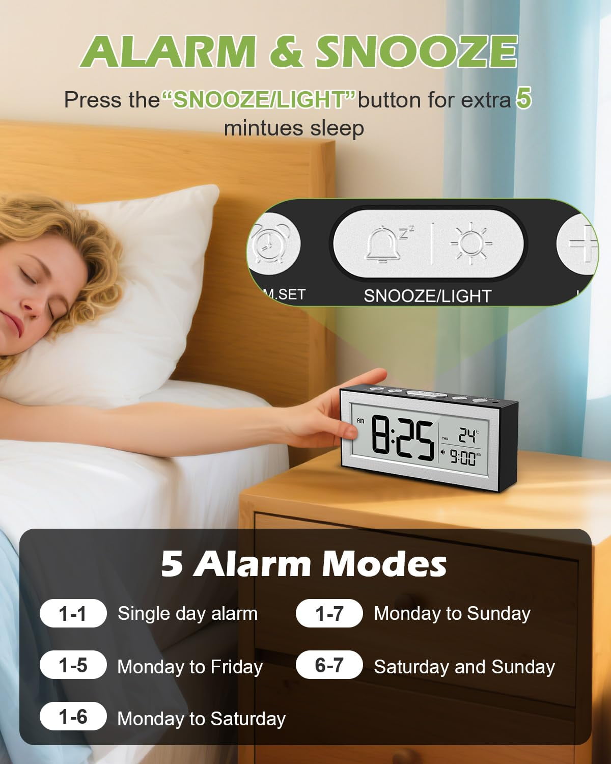 Onekawa Battery Powered Alarm Clocks, Travel Alarm Clock with LCD Display, 12/24H, 5-Min Snooze, Bedside Clock with Auto Dimming Function and Working Mode, Suitable for Bedroom, Office, Travel