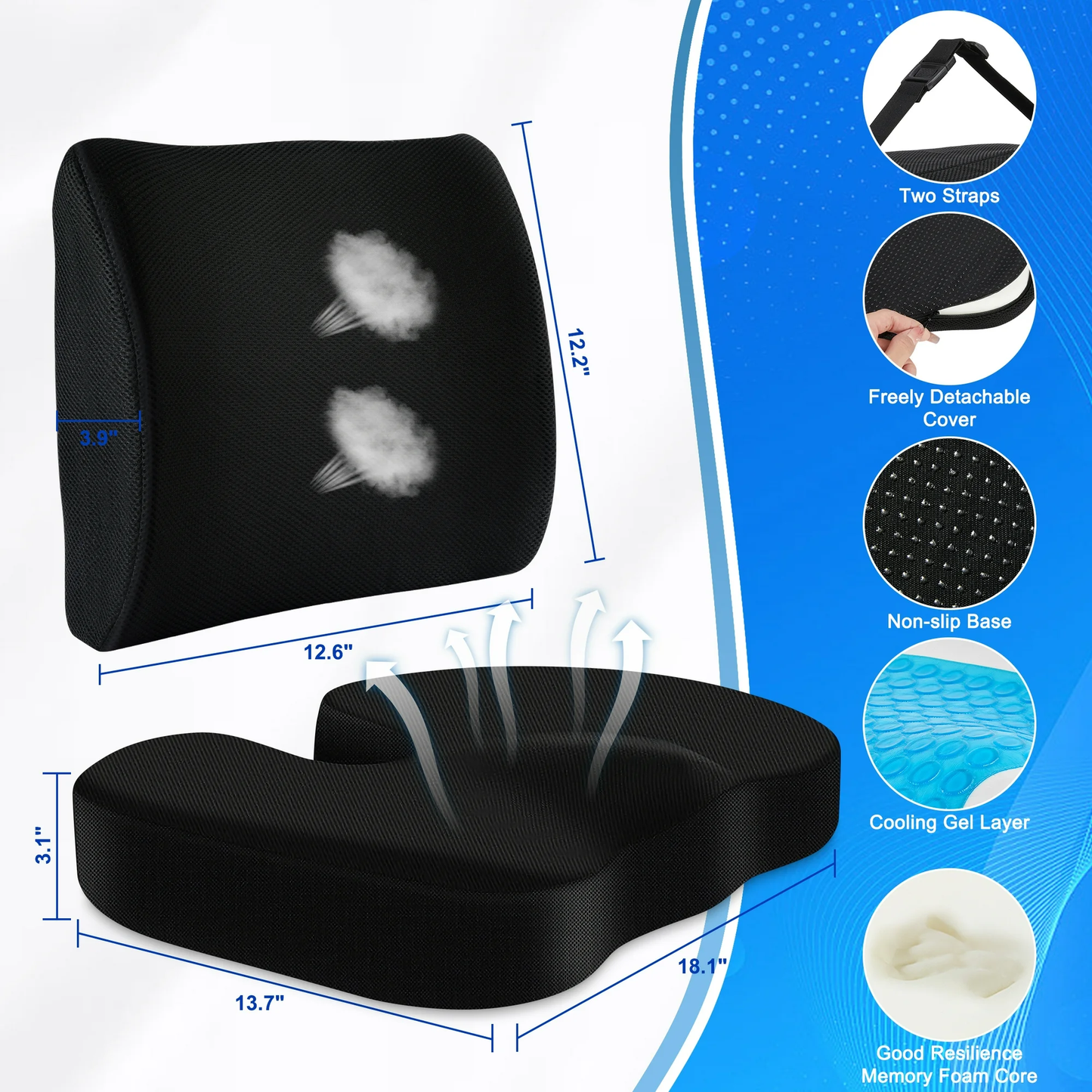DONAMA Cooling Gel Memory Foam Chair Seat & Lumbar Cushion,Tailbone & Hip Pain Relief for Office, Black