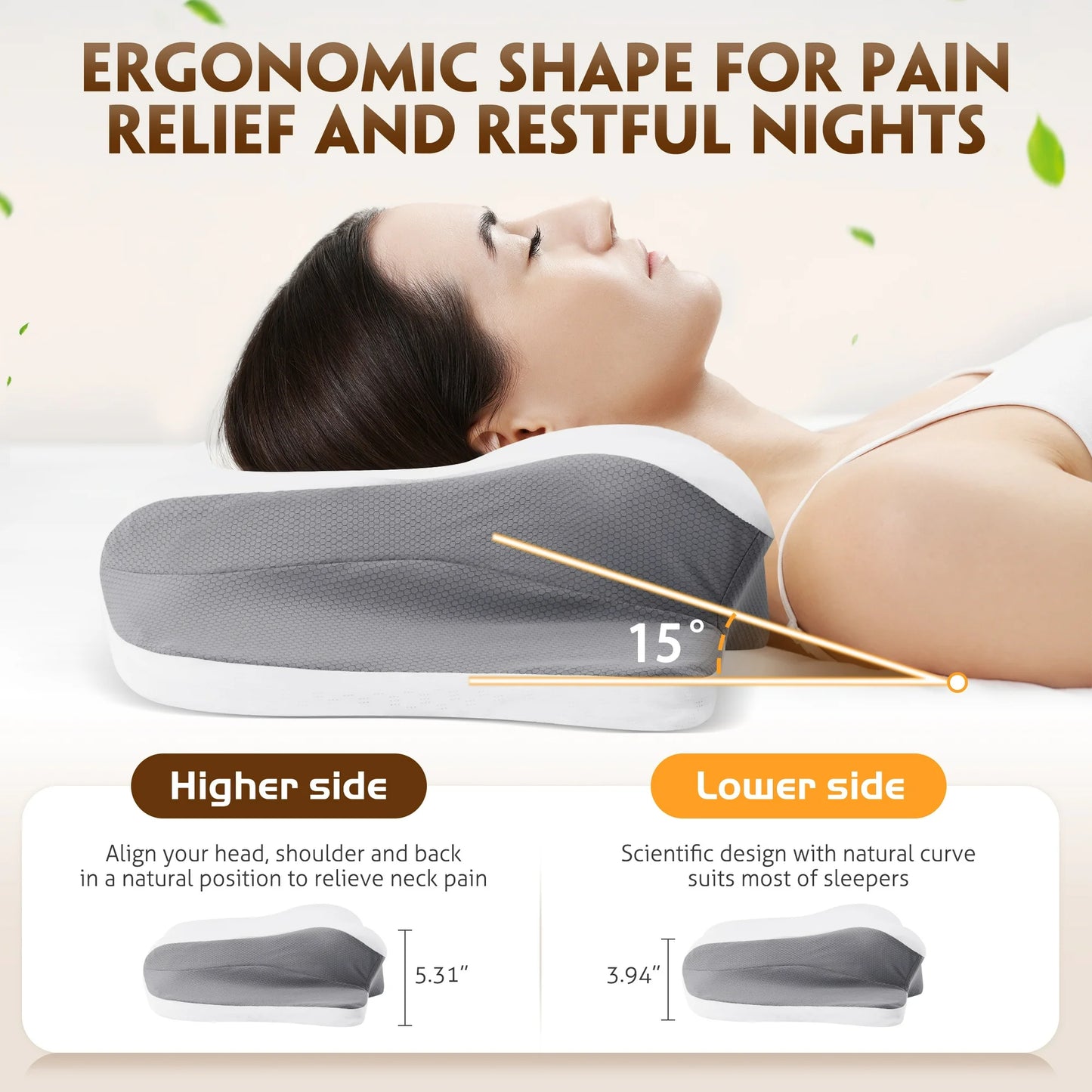 MOONORAH Cervical Memory Foam Pillows for Bed Orthopedic Contour Neck Pillow for Pain Relief Sleeping with Cooling Pillow Covers Gray Standard 24"×13"×4.7"