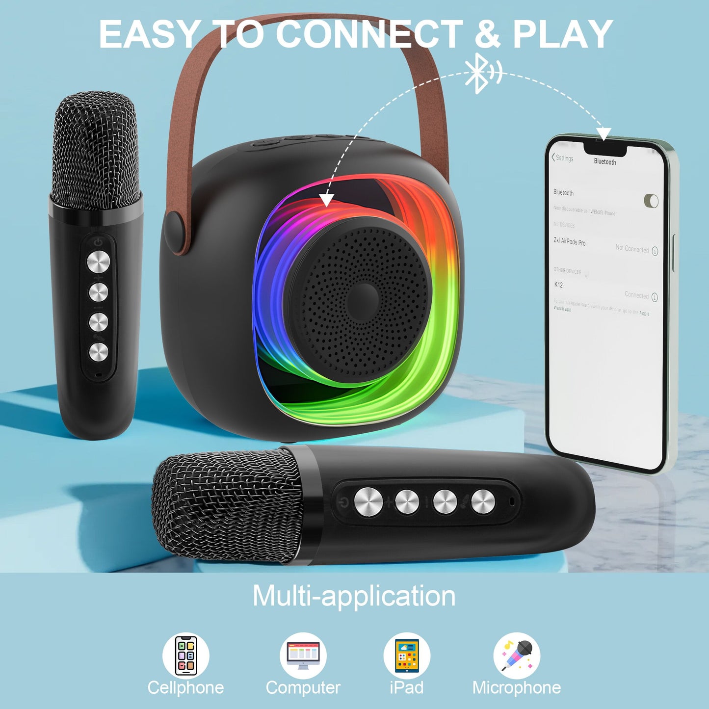 ENERFACE Mini Karaoke Machine for Kids and Adults Portable Bluetooth Karaoke Speaker with Wireless Microphone Perfect for Boys Girls Karaoke Toys Birthday Gifts and Home Party Use(Black)
