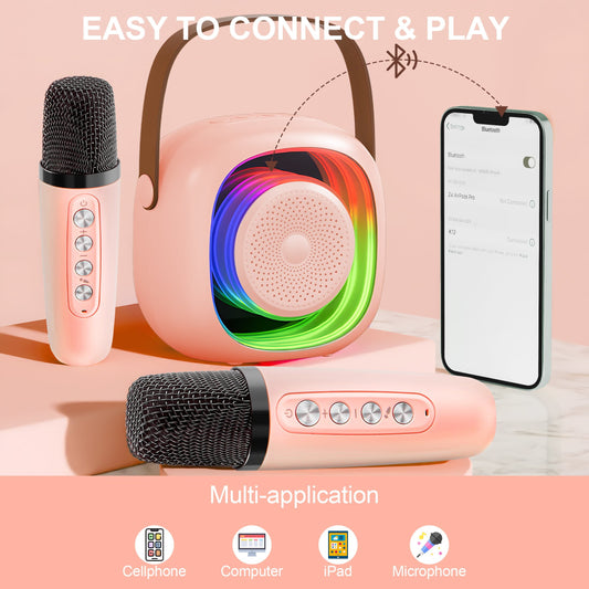 ENERFACE Mini Karaoke Machine for Kids and Adults Portable Bluetooth Karaoke Speaker with Wireless Microphone Perfect for Boys Girls Karaoke Toys Birthday Gifts and Home Party Use(Pink)