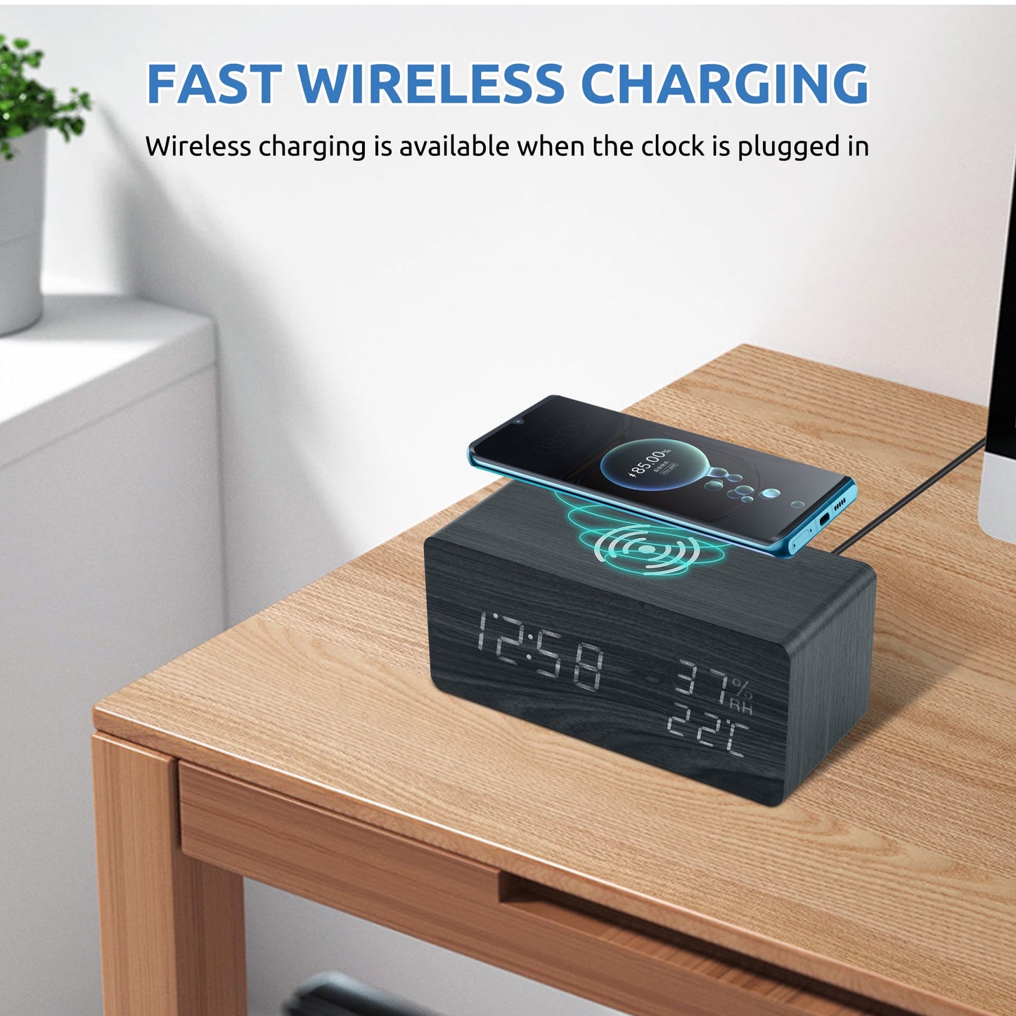 Onekawa Wooden Digital Alarm Clock with Wireless Charging Stylish LED Display for Bedrooms Adjustable Brightness and Voice Control Alarm Clock Perfect for Desks-Black