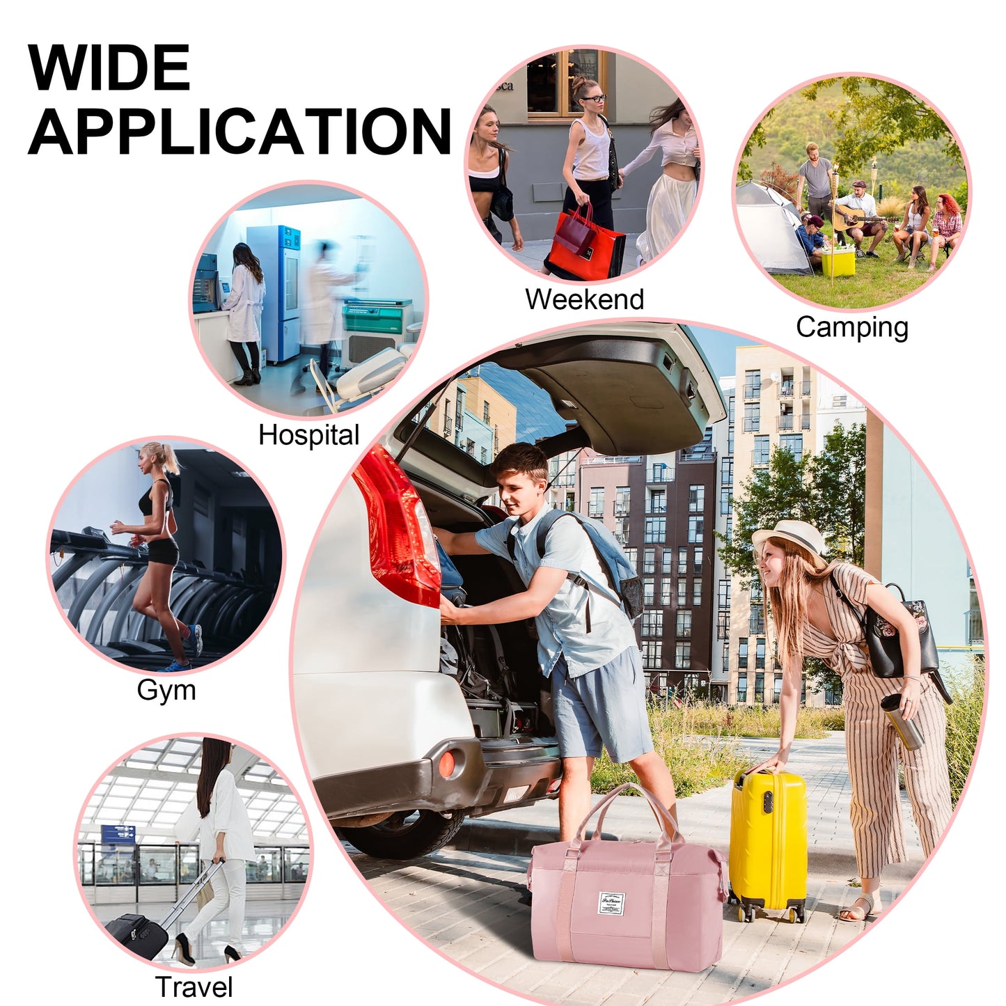 WANALIT Waterproof Duffel Bag for Gym and Travel, Weekender Carry On with Wet Dry Compartment, Luggage Sleeve, Airplane Approved (Pink)