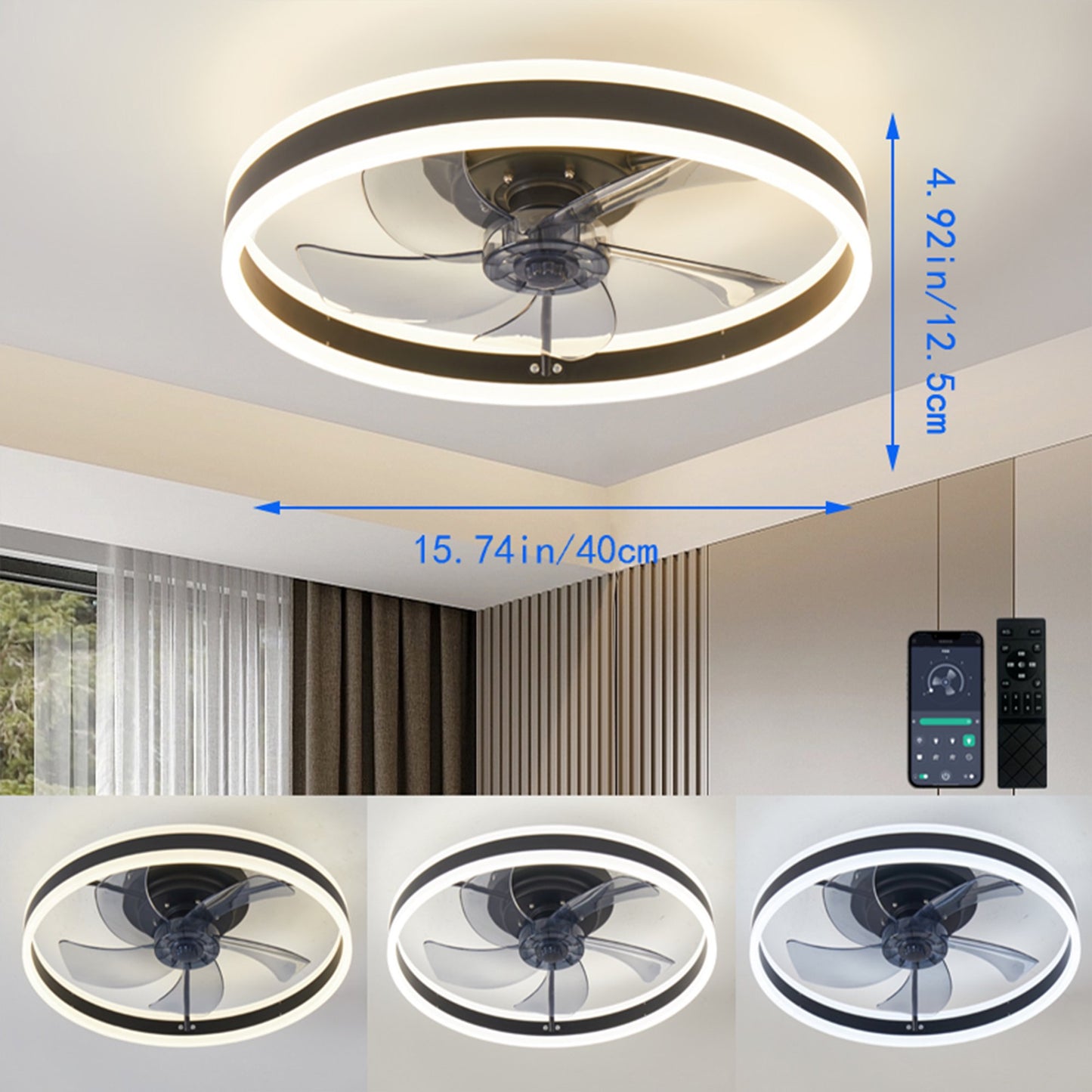 LOFTER-Pro Ceiling Fans with Lights and Remote, 19.7 in Low Profile Flush Mount Ceiling Fan, 3000-6000K Dimmable LED Fan Light, 6 Wind Speeds for Bedroom, Kitchen, Kids Room, Black