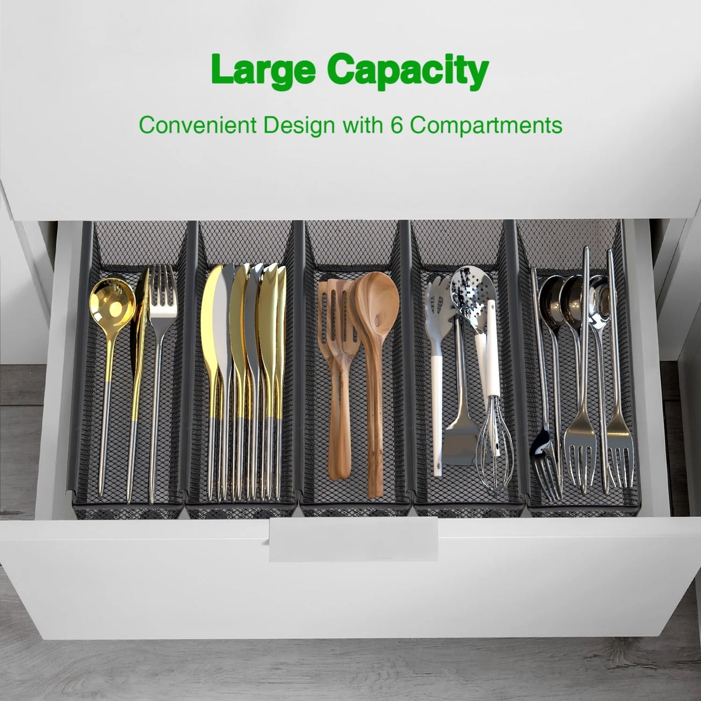ZALFLEX Silverware Drawer Organizer for Kitchen, Utensil Mesh Drawer Organizer with Interlocking Arm for Flatware, Knives, Pen, Cosmetic, 6PC