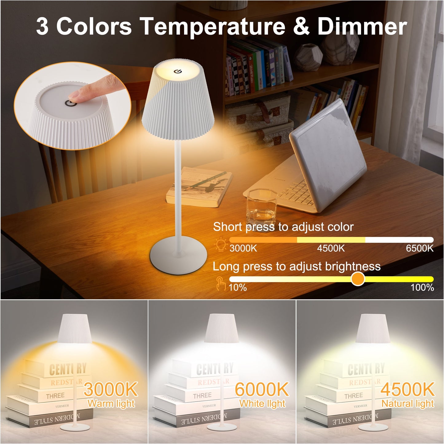 LOFTER-Pro 15" Desk Lamp with Metal Base, 2 Pack Rechargeable Dimmable Light, 3-Color Stepless Dimming for Bedroom and Office