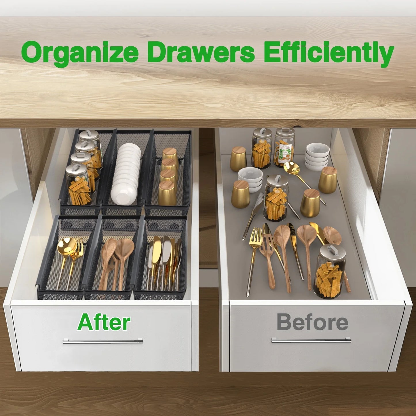 ZALFLEX Silverware Drawer Organizer for Kitchen, Utensil Mesh Drawer Organizer with Interlocking Arm for Flatware, Knives, Pen, Cosmetic, 6PC