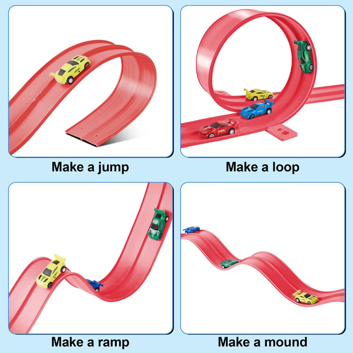 Kaipara Race Track Toy - 12.8 ft Flexible Track with 4 Pull Back Cars - Red