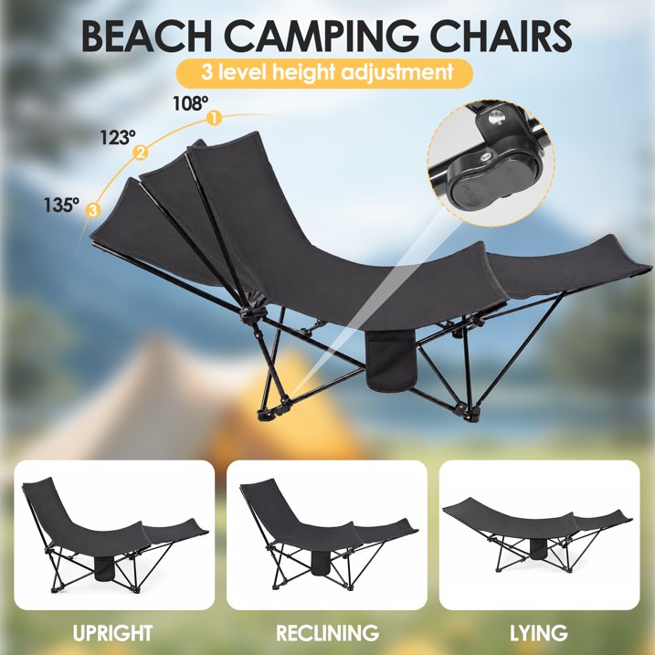 MOONORAH Portable Folding Beach Chair - 4 Position Reclining with Footrest - Black