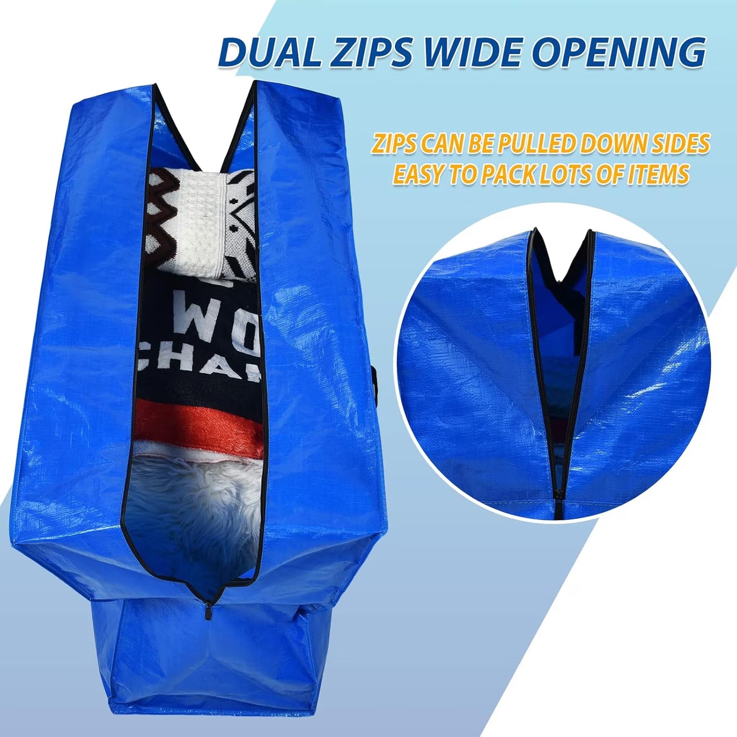 Onekawa 4 Pack Extra Large Moving Bags with Zippers & Carrying Handles,Storage Totes For Space Saving,Alternative to Moving Boxes,Blue