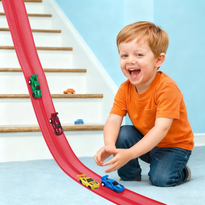Kaipara Race Track Toy - 12.8 ft Flexible Track with 4 Pull Back Cars - Red