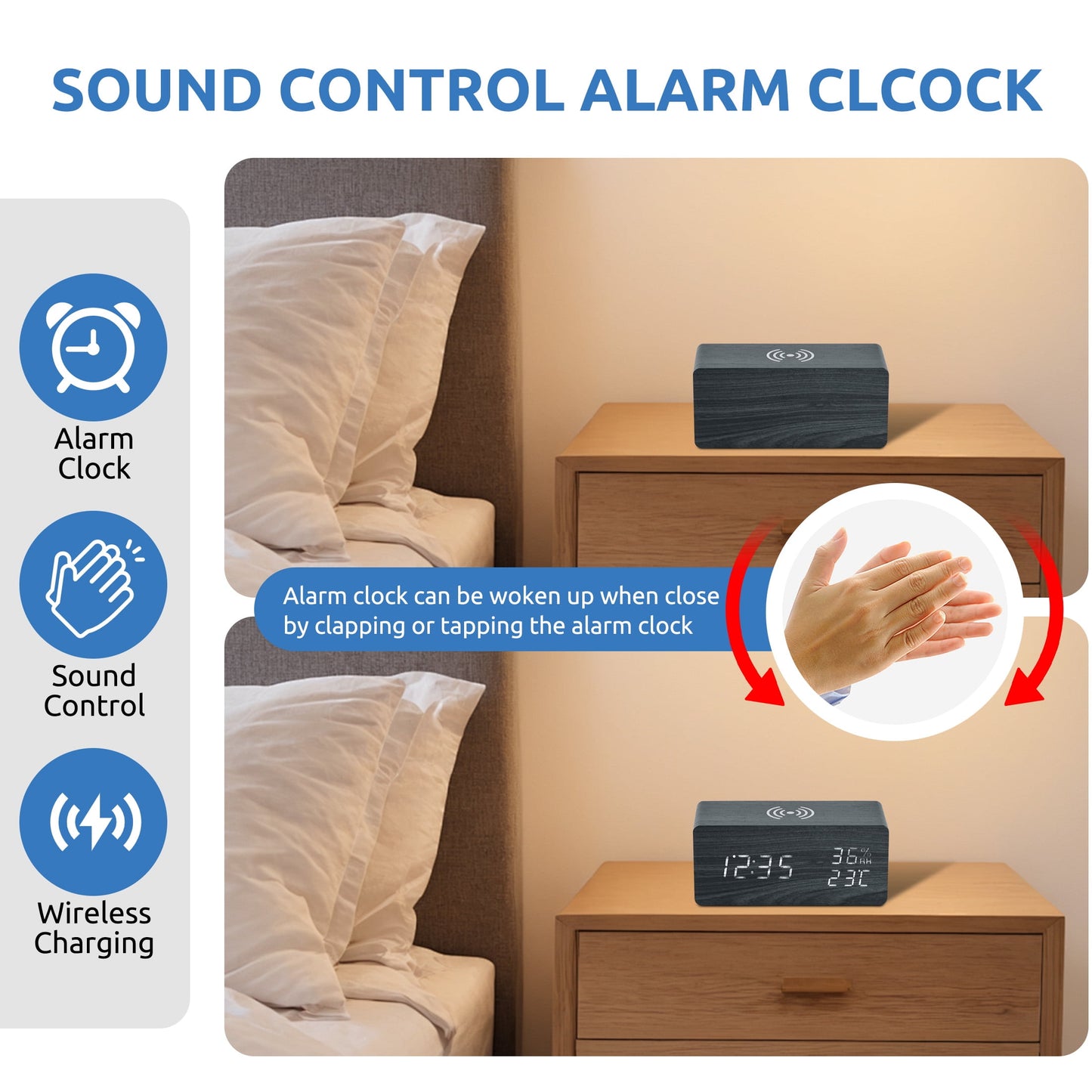 Onekawa Wooden Digital Alarm Clock with Wireless Charging Stylish LED Display for Bedrooms Adjustable Brightness and Voice Control Alarm Clock Perfect for Desks-Black