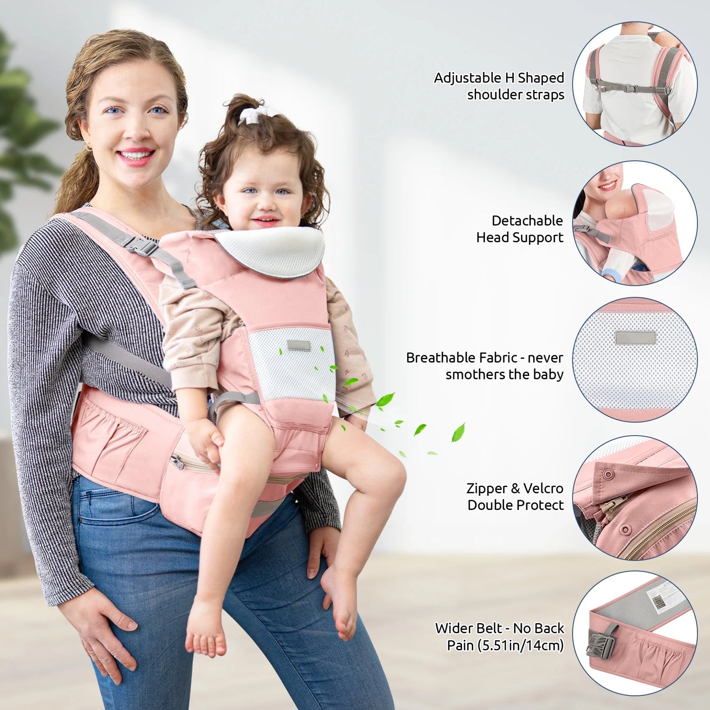 MOONORAH Baby Carrier with Hip Seat, Ergonomic M Position 6 in 1 Baby Wraps Carrier Adjustable Holder Newborn to Toddler with Head Support and Breathable Mesh Pink