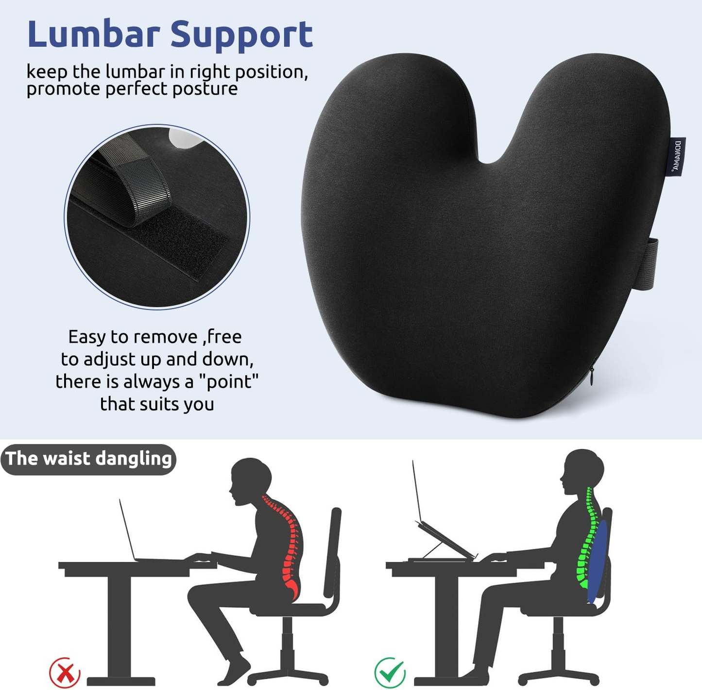 Ergonomic Lumbar Pillow for Back Support - High-Density Memory Foam Cushion for Pain Relief - Lumbar Support Cushion w/Strap for Office Chair, Car, Home, and Travel