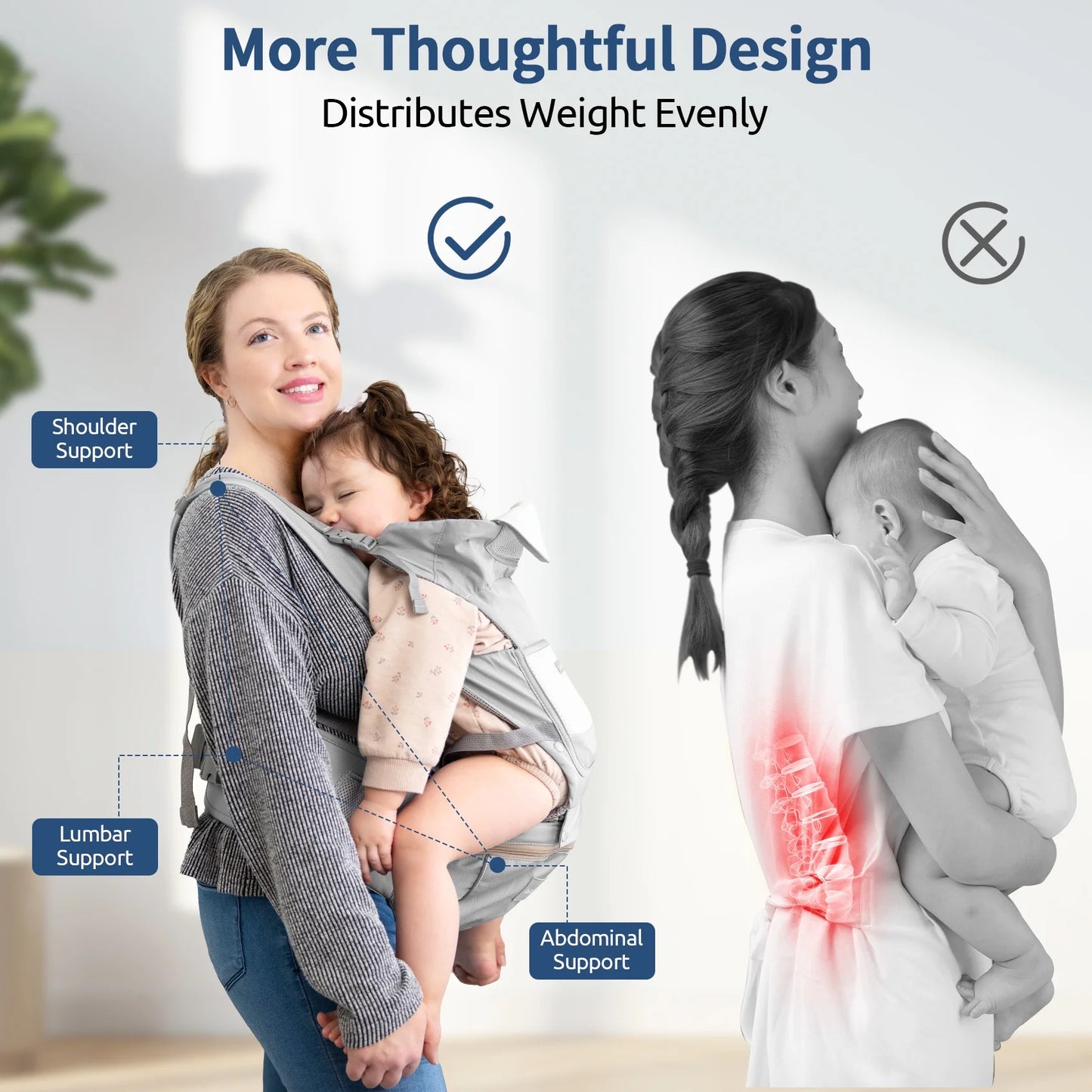 MOONORAH Baby Carrier with Hip Seat, Ergonomic M Position 6 in 1 Baby Wraps Carrier Adjustable Holder Newborn to Toddler with Head Support and Breathable Mesh Gray