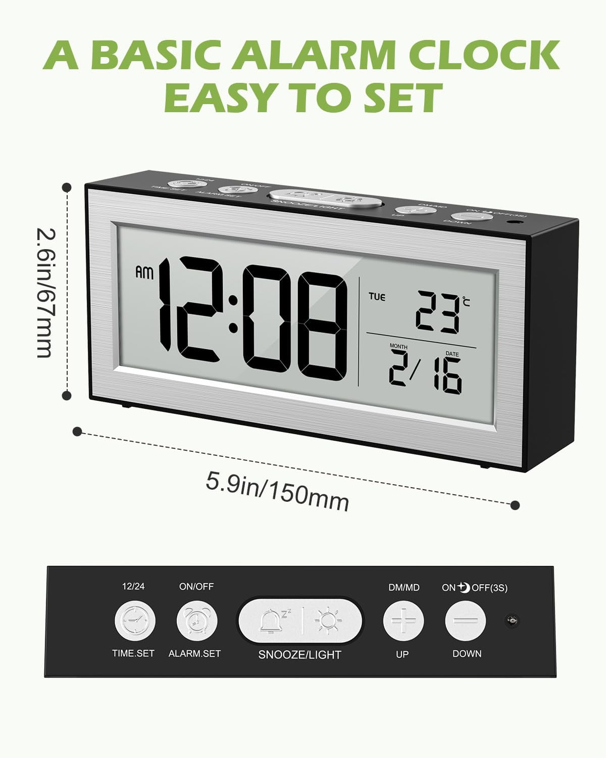 Onekawa Battery Powered Alarm Clocks, Travel Alarm Clock with LCD Display, 12/24H, 5-Min Snooze, Bedside Clock with Auto Dimming Function and Working Mode, Suitable for Bedroom, Office, Travel