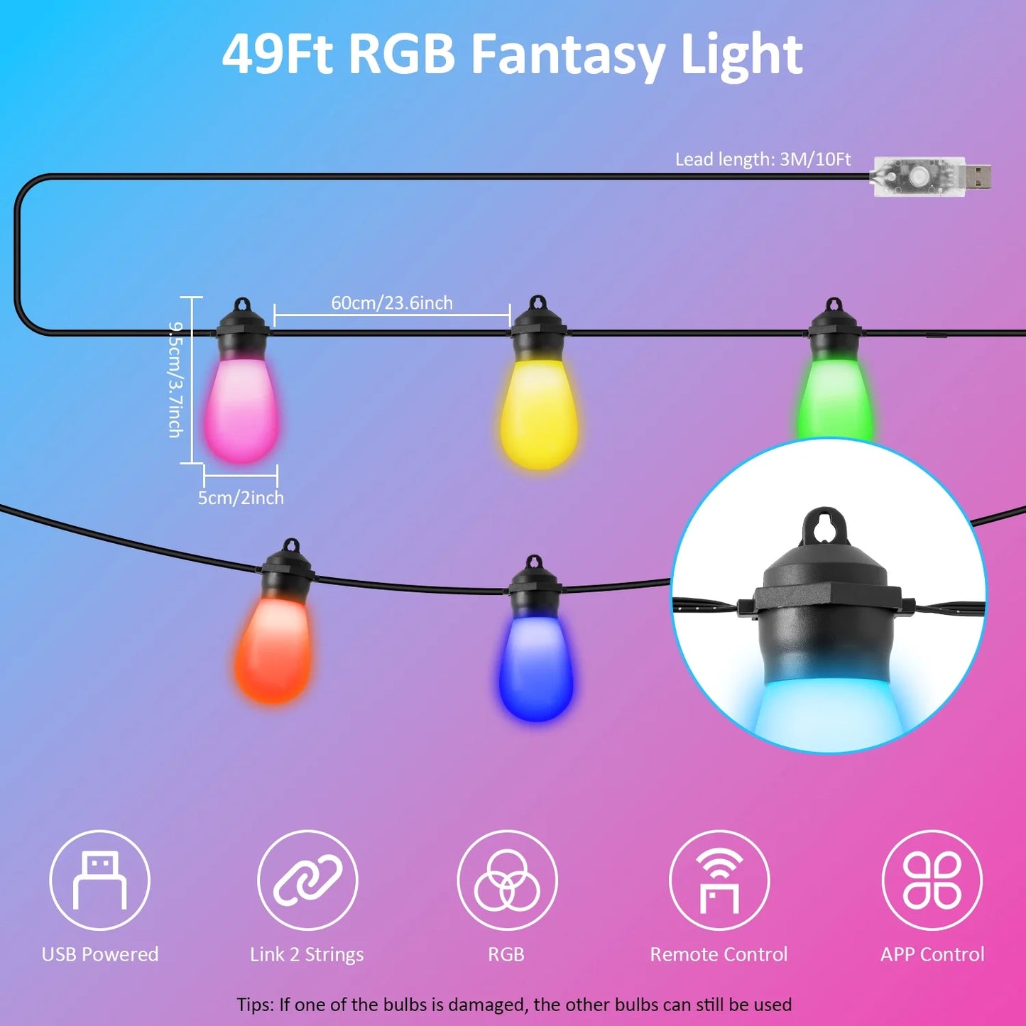 LOFTER-PRO Outdoor String Lights, LED Lights for Bedroom, 39Ft 20 Bulbs Smart Dimmable RGB String Lights Fairy Lights Christmas Lights for Halloween Decorations, Patio Lights, APP Control, Waterproof