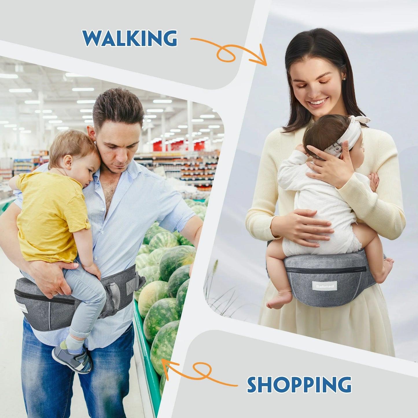 OTDLIGHT Baby Carrier with Hip Seat for Newborns & Toddlers, Ergonomic Front Carrier Baby Holder with Strong Support Adjustable Waistband & Multiple Large Pockets - Gray