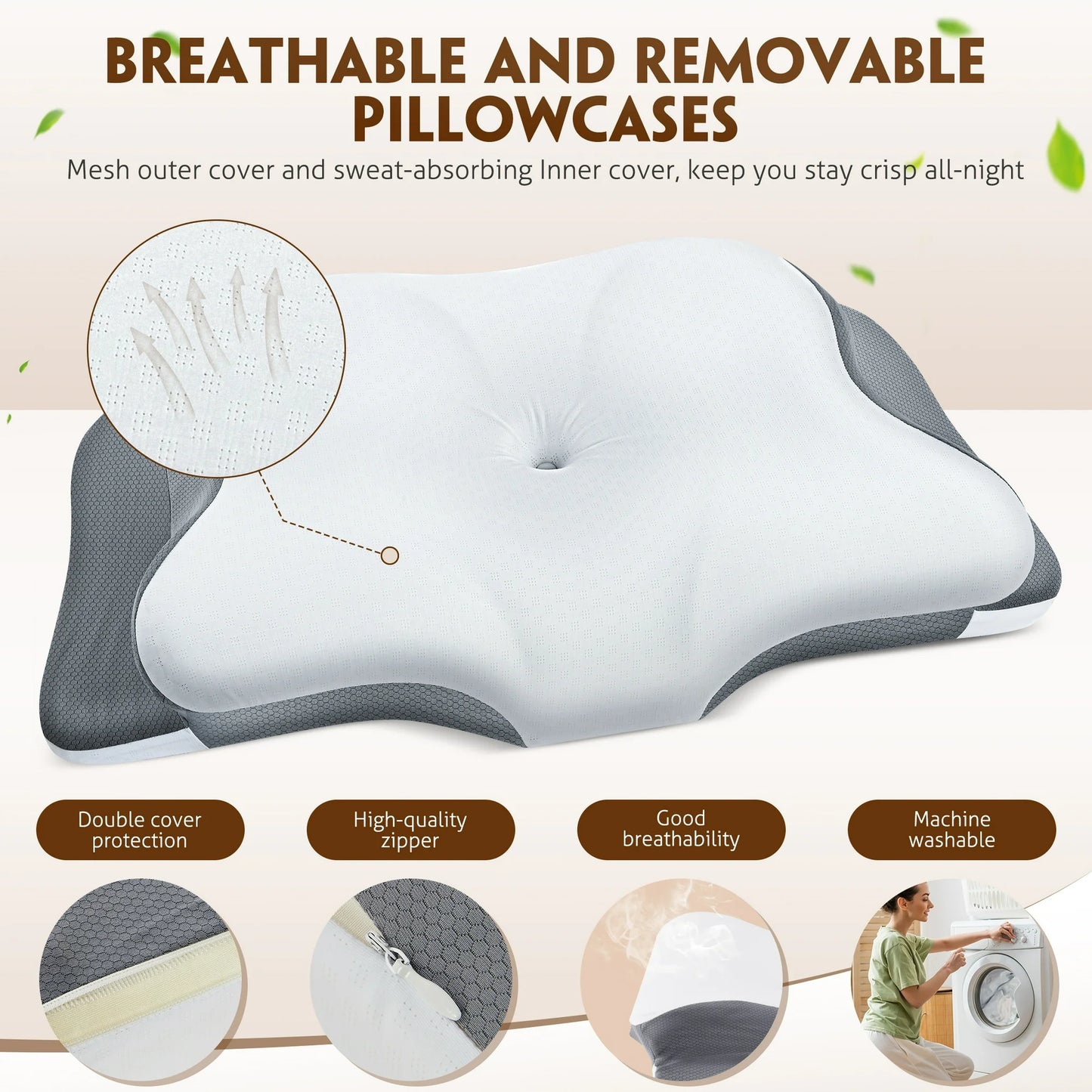 MOONORAH Cervical Memory Foam Pillows for Bed Orthopedic Contour Neck Pillow for Pain Relief Sleeping with Cooling Pillow Covers Gray Standard 24"×13"×4.7"