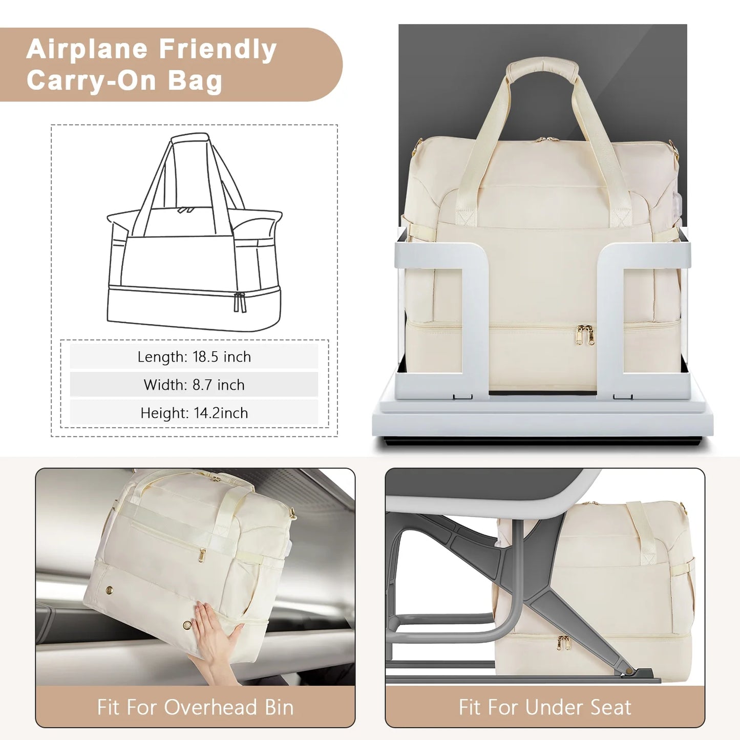 MOONORAH Travel Duffel Bag, Tote Gym Bag, Shoulder Weekender Overnight Bag for Women, Carry Bag with Wet Dry Pocket/Front Phone Pocket/USB Charging Port for Travel, Airline Approved, Beige