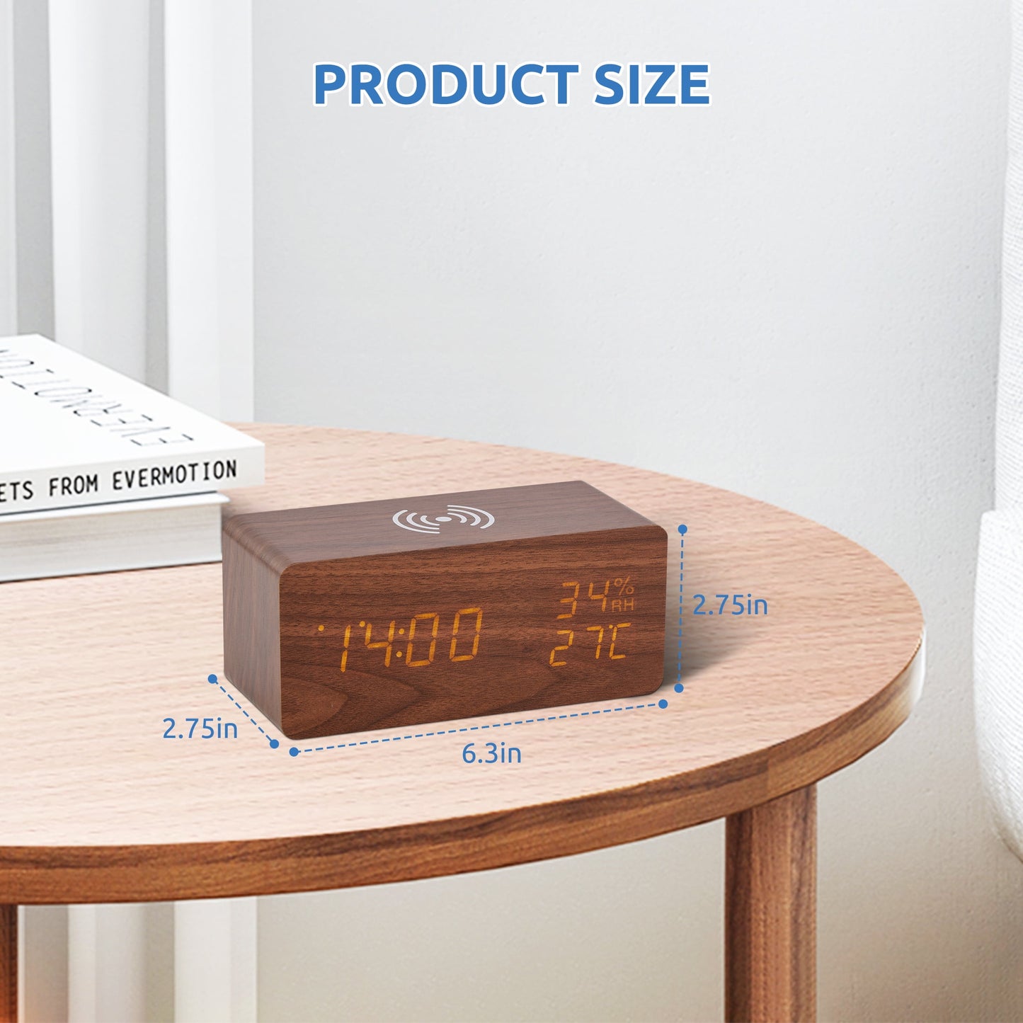 Onekawa Wooden Digital Alarm Clock with Wireless Charging Stylish LED Display for Bedrooms Adjustable Brightness and Voice Control Alarm Clock Perfect for Desks-Brown