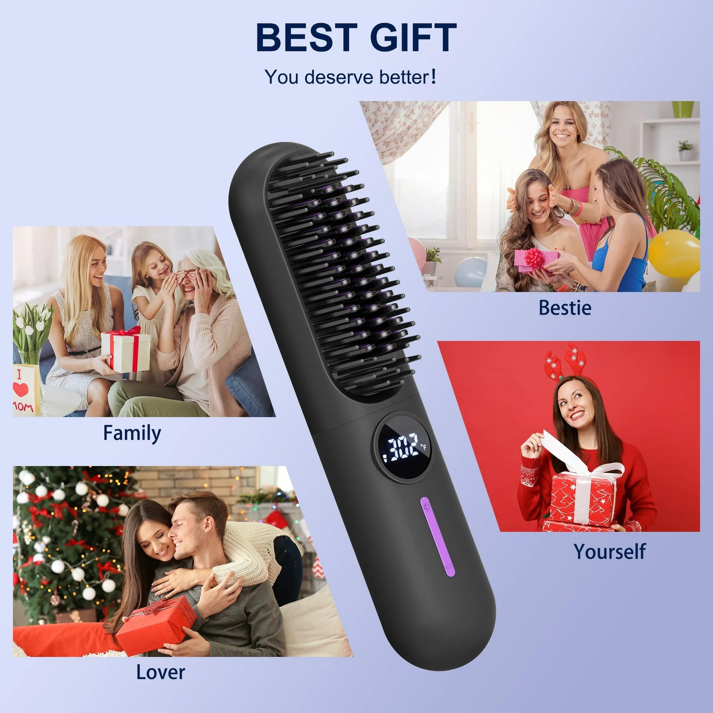 MOONORAH Cordless Hair Straightener Brush with Anion for Women, Electric Portable Ceramic Hot Straightening Comb for Travel with LCD Display & Hair Clips, Fast USB Rechargeable, Anti-Scald, Black