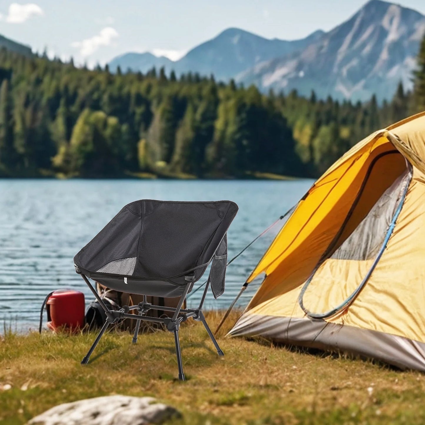 MOONORAH Camping Chair, Folding Portable Camping Chairs, Lightweight Compact Folding Chair Mesh for Outdoor Camp Travel Beach Picnic Festival Hikin with Side Pocket, Storage Bag, Black