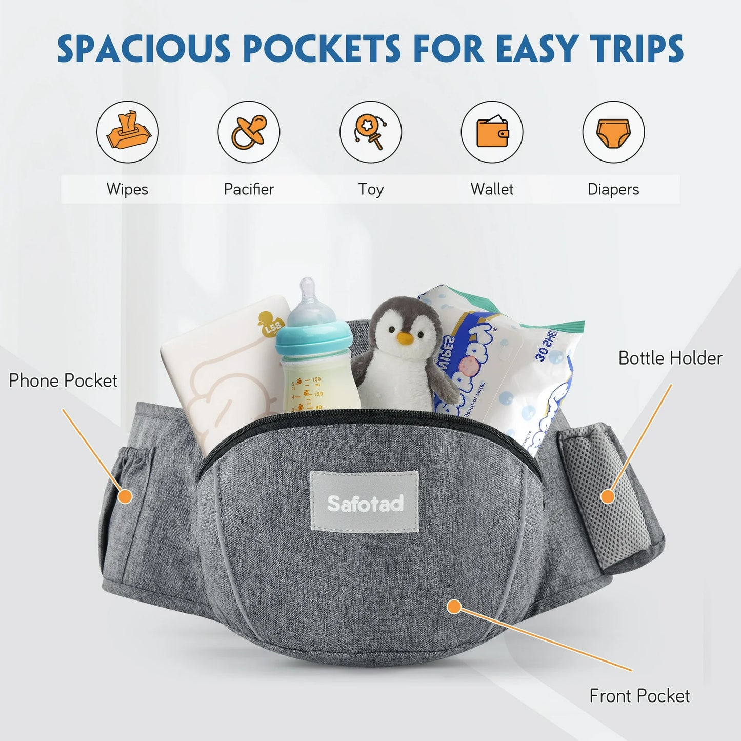 OTDLIGHT Baby Carrier with Hip Seat for Newborns & Toddlers, Ergonomic Front Carrier Baby Holder with Strong Support Adjustable Waistband & Multiple Large Pockets - Gray