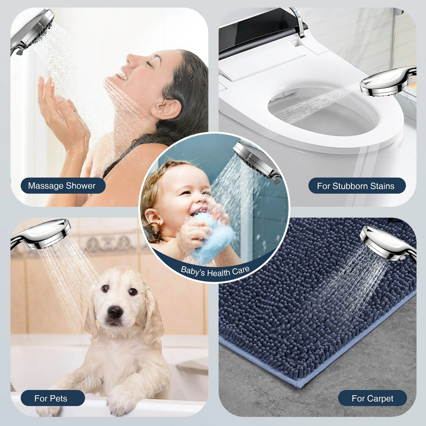 MOONORAH Shower Head, High Pressure Shower Head with 10 Spray Settings, Filtered Shower Head with 59" Stainless Steel Hose and Shower Stand, Drill-Free Design, Silver